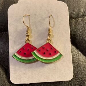 Simple watermelon slice 1.5” dangly earrings w gold tone wires